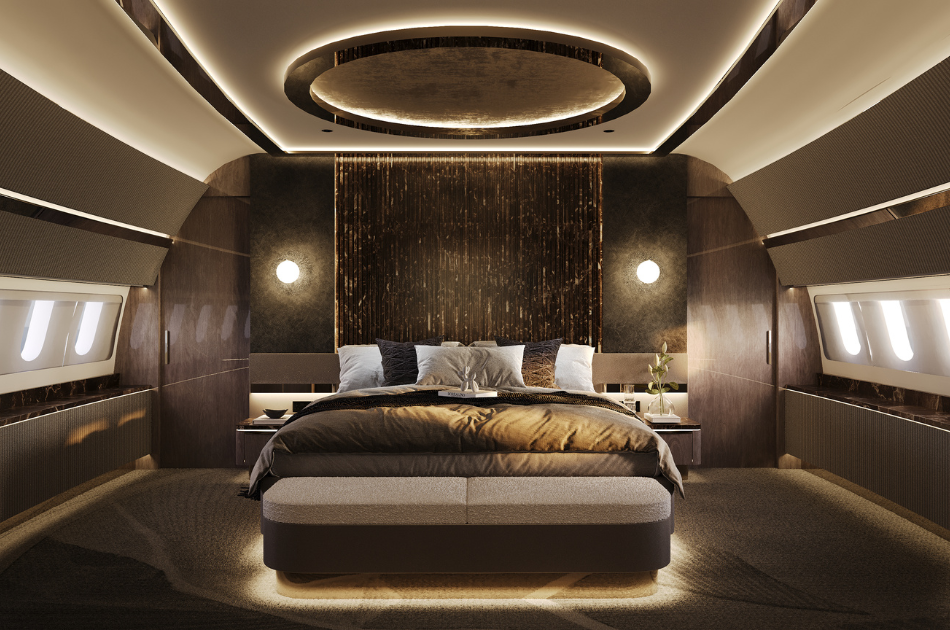 Luxury aircraft interior. Bedroom designed by Natalie Rodríguez Luxury Design.