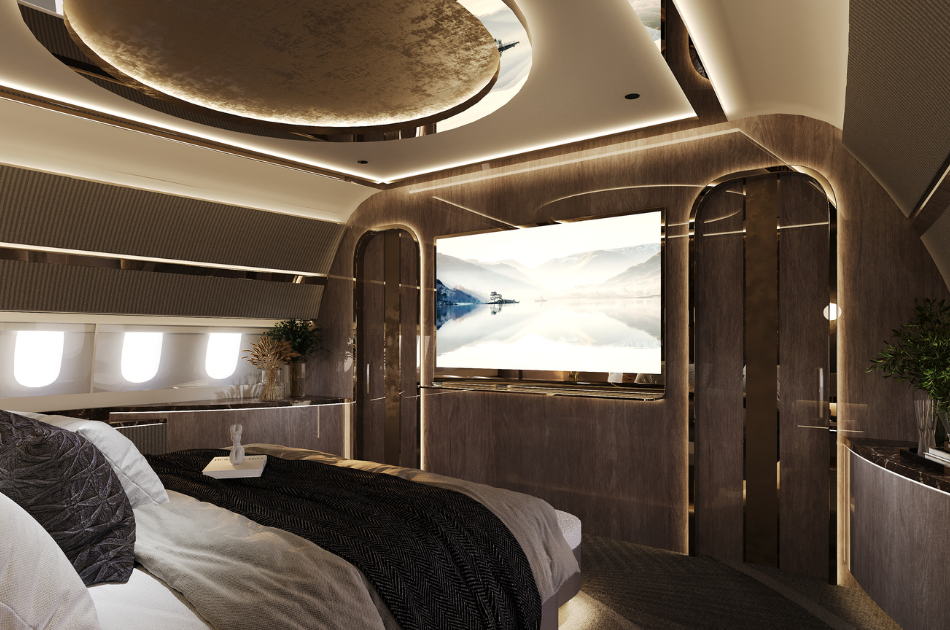 Luxury bedroom on private jet.