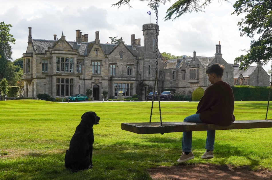 Boy sitting on swing with dog sitting on the ground beside him at SCHLOSS Roxburgh