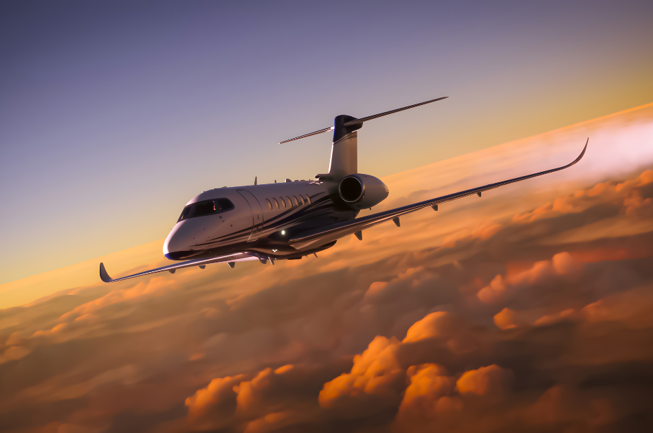 private jet at sunset